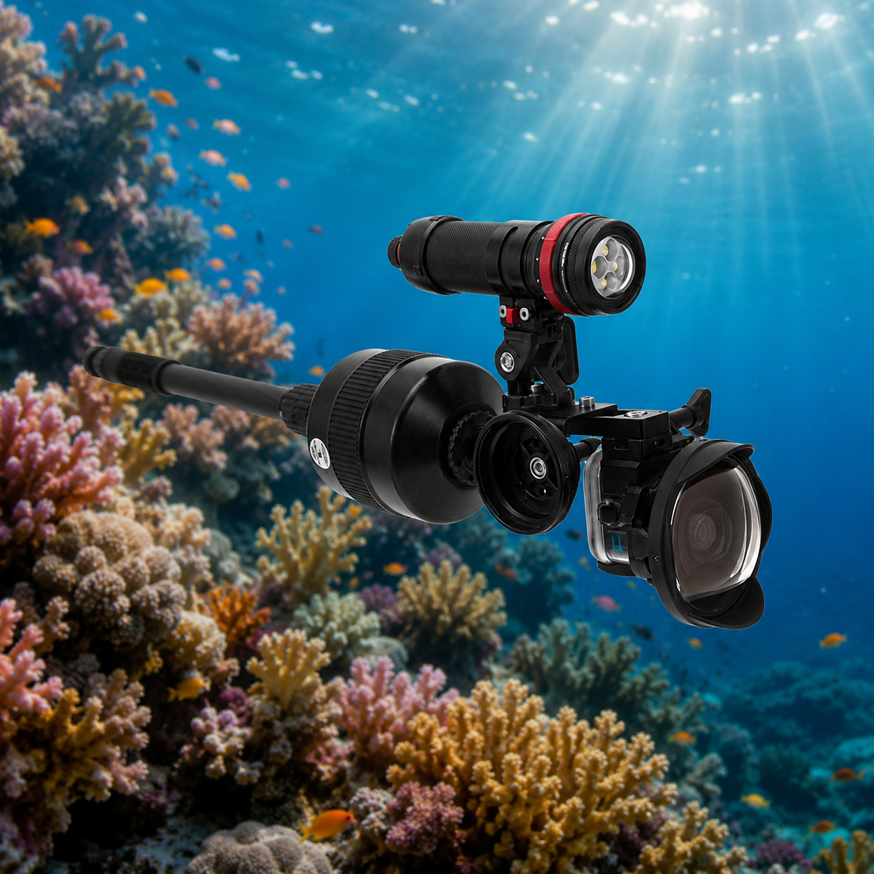A GoPro bundle underwater camera rig with a mounted flashlight and protective lens hood, shown against a vibrant blue ocean background filled with coral reefs and sun rays filtering through the water.