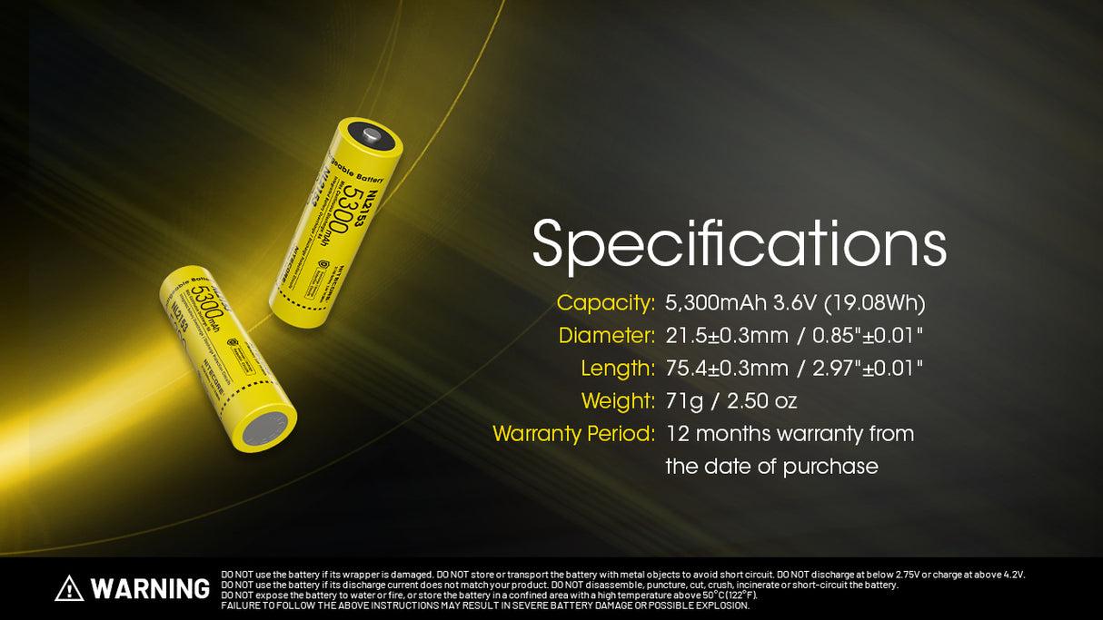 Nitecore 21700 5300mAh Rechargeable Li-Ion Battery NL2153HP